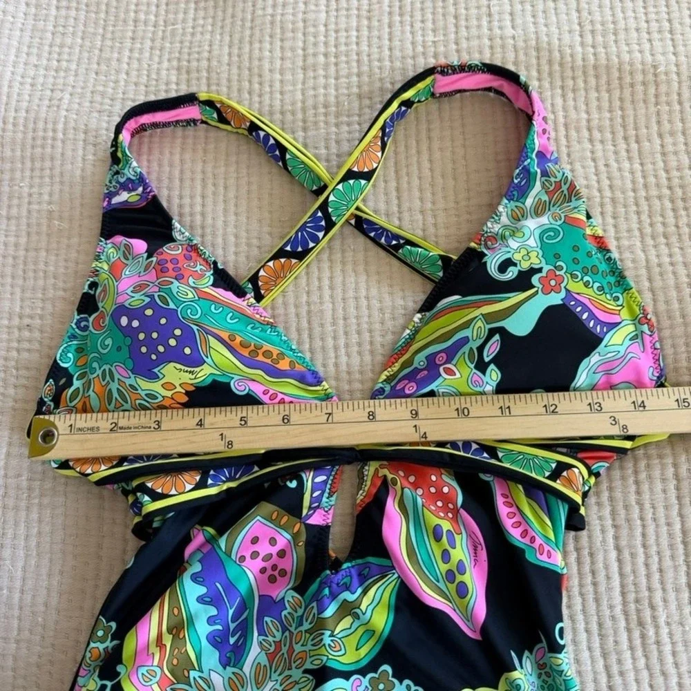 Trina Turk One Piece Swimsuit Womens Sz 8 Multi Psychedelic Strappy Back V-Neck